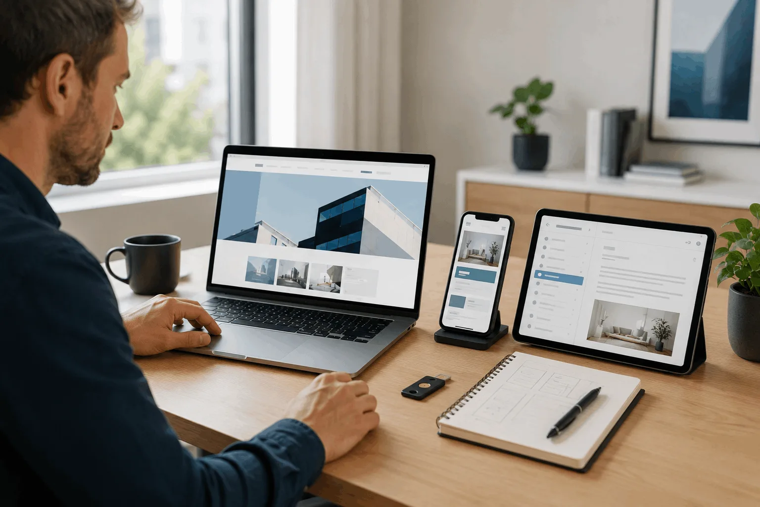 Strona internetowa wyświetlona na laptopie, tablecie i telefonie